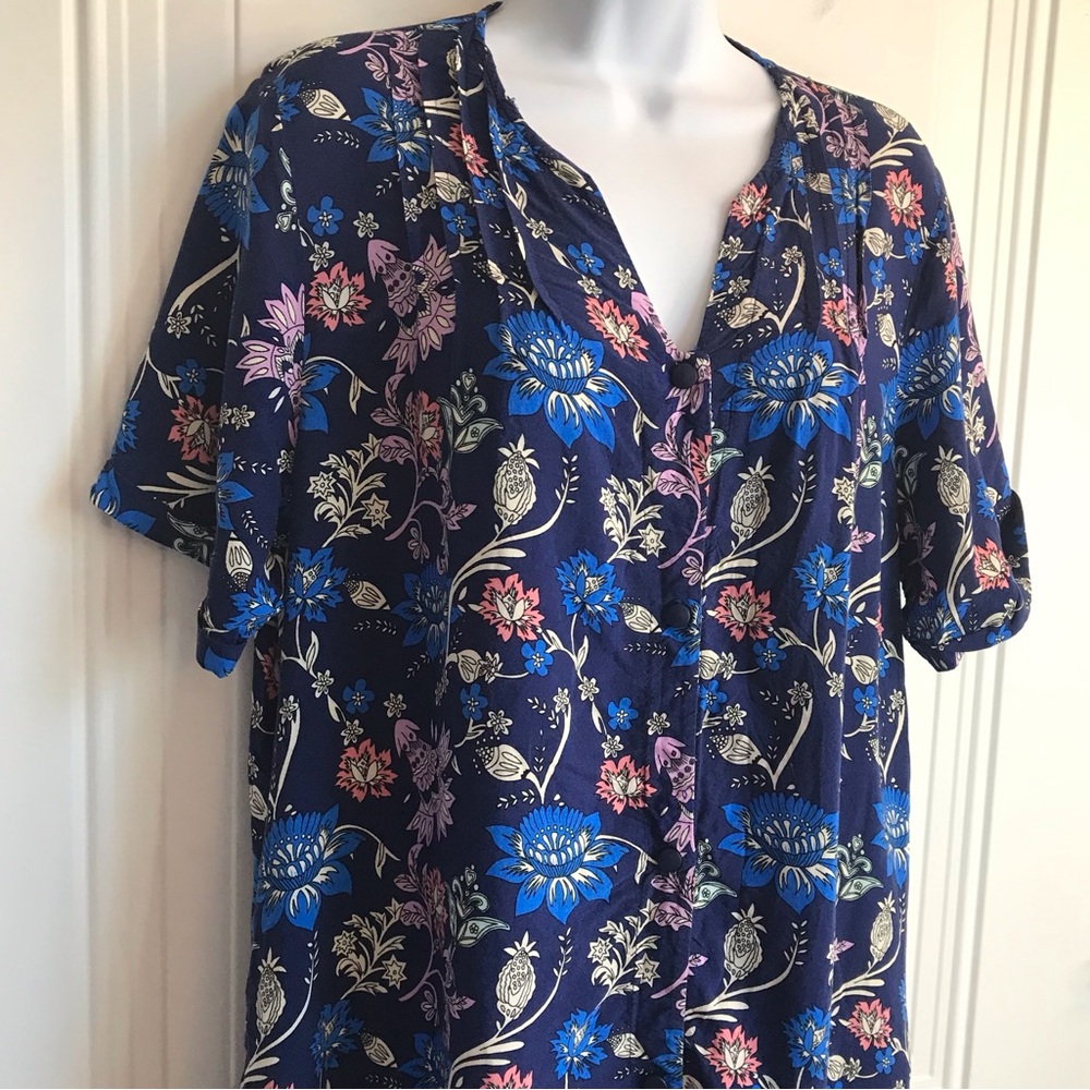 Amazon Women’s XL Multi Blue Floral V-Neck SS Button Up House Midi Dress NWOT - Picture 5 of 16